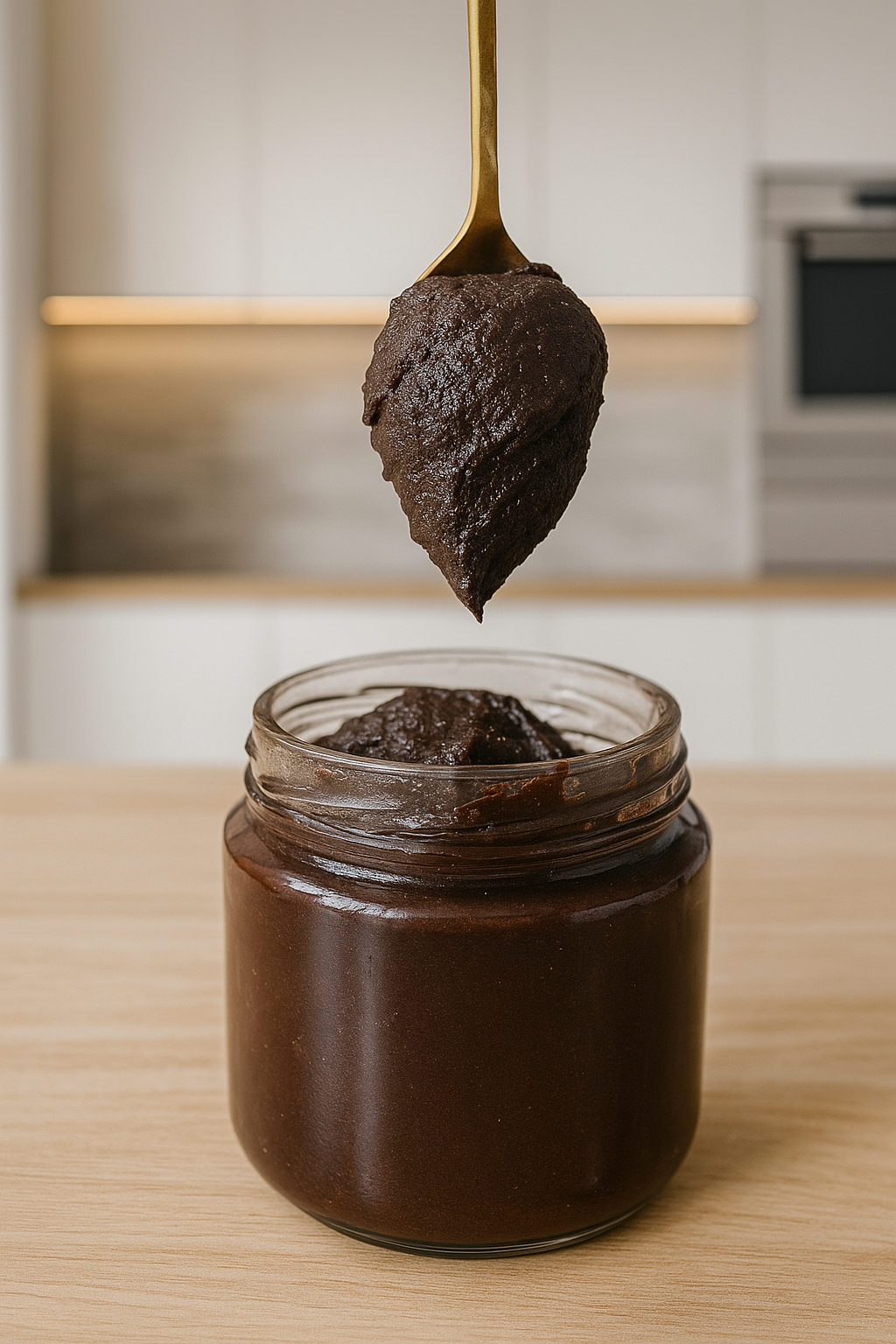 Jar of chocolate spread with a spoon lifting a scoop above it on a wooden surface.