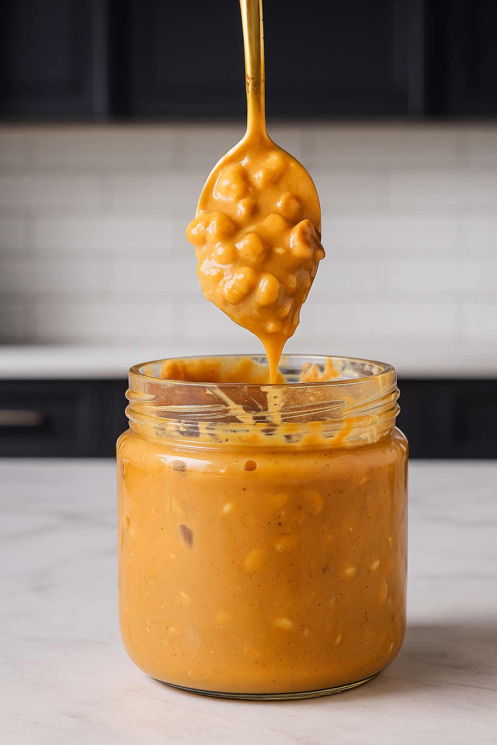 Jar of crunchy peanut butter with a spoon lifting a scoop out, on a neutral background